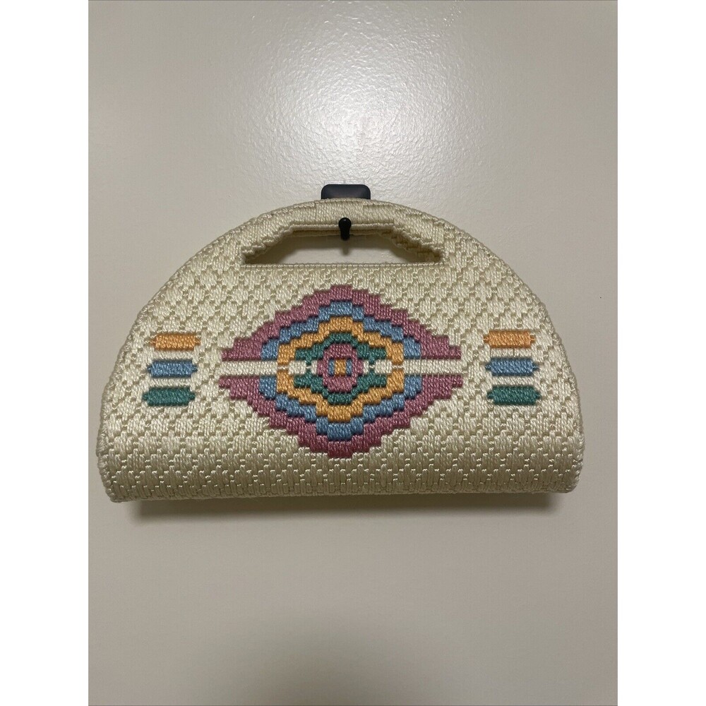 VTG plastic canvas Purse Bag Clutch Handle Southwest Geometric Design Handmade